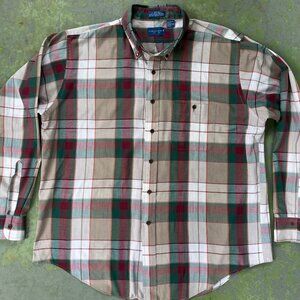 Men's Vintage 70s TOWNCRAFT Tan Plaid LS Shirt Size XL Taiwan Casual Hipster